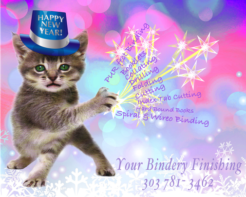 New Year Bindery kitty with services on stars from paw,